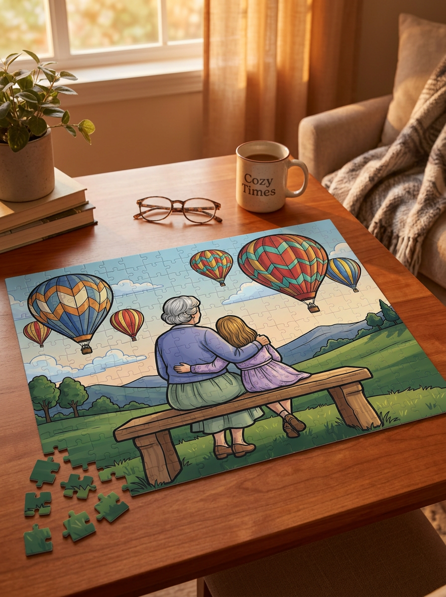 Grandmother & Granddaughter Hot Air Balloon Jigsaw Puzzle 252 Pieces YESTERYEAR LARGE PRINT Scenic Family Keepsake